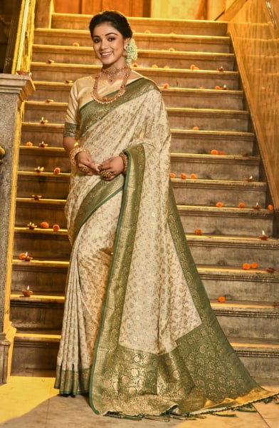 Beige and Olive Green Banarasi Silk Woven Saree