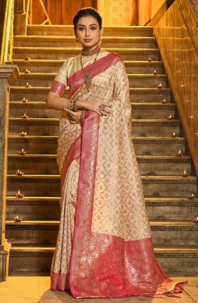 Beige and Pink Banarasi Silk Woven Saree