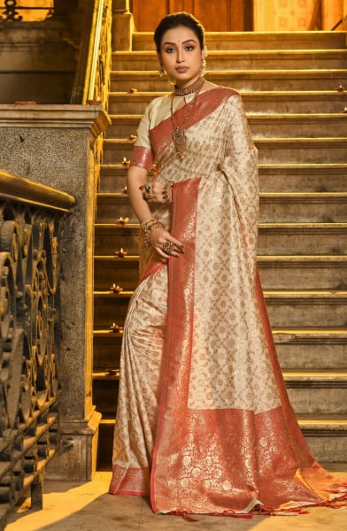 Beige and Red Banarasi Silk Woven Saree
