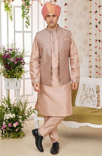Beige Art Banarasi Silk Kurta Set with Jacket