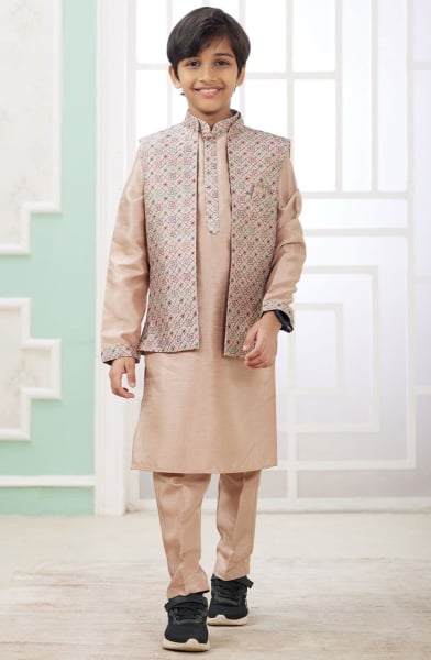 Beige Art Silk Kids Kurta Set with Jacket