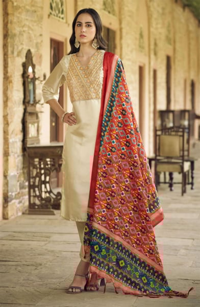 Beige Art Silk Readymade Pant Kameez Suit