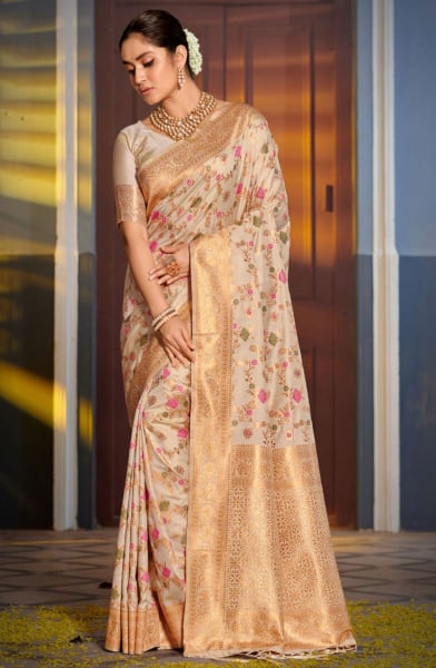 Beige Banarasi Silk Woven Saree