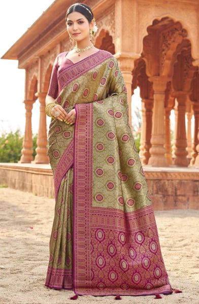 Beige Banarasi Silk Zari Woven Saree for Festival