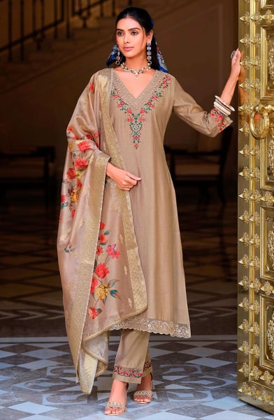 Beige Brown Embroidered Viscose Readymade Suit