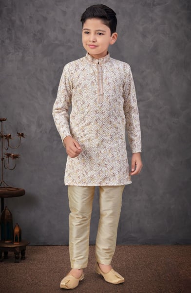 Beige Chikankari Boys Kurta Set