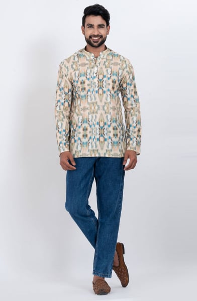 Beige Cotton Digital Printed Kurta for Festival