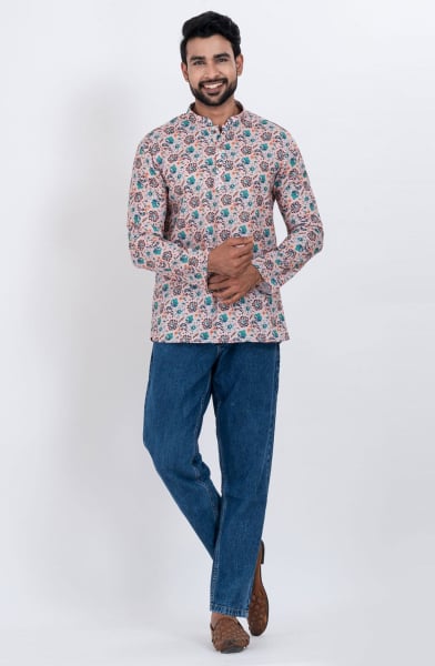 Beige Cotton Digital Printed Kurta for Festival