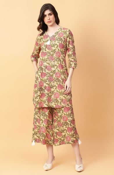 Beige Cotton Printed Co-Ord Set