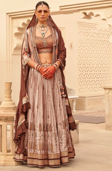 Beige Designer Viscose Silk Lehenga Choli with Jacket