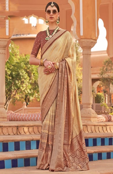Beige Embellished Silk Saree