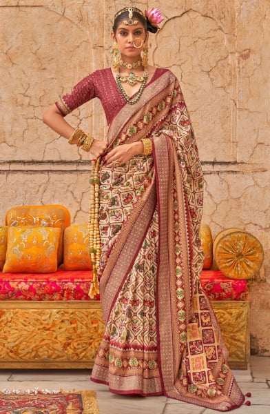 Beige Embellished Viscose Silk Saree