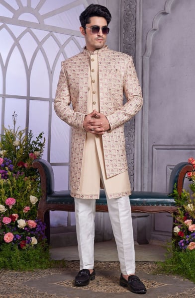 Beige Embroidered Art Silk Indo Western