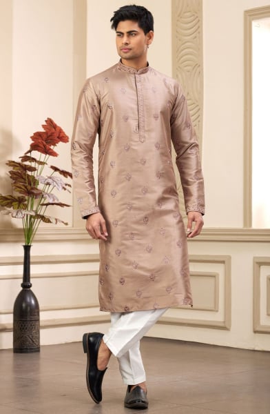 Beige Embroidered Art Silk Kurta Set