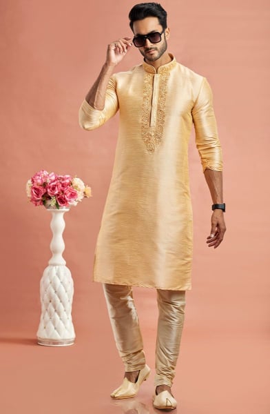 Beige Embroidered Banarasi Art Silk Kurta Set