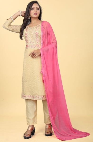 Beige Embroidered Chanderi Silk Pant Kameez