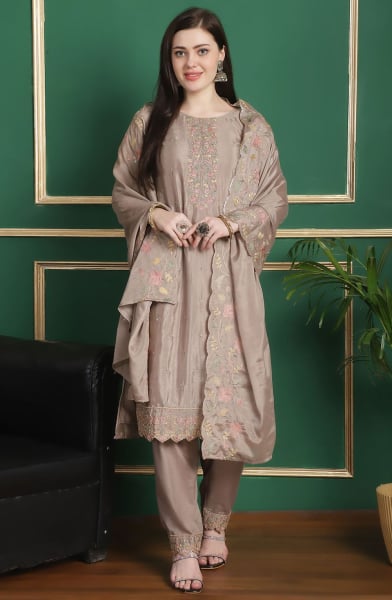 Beige Embroidered Chinnon Chiffon Pant Kameez for Party