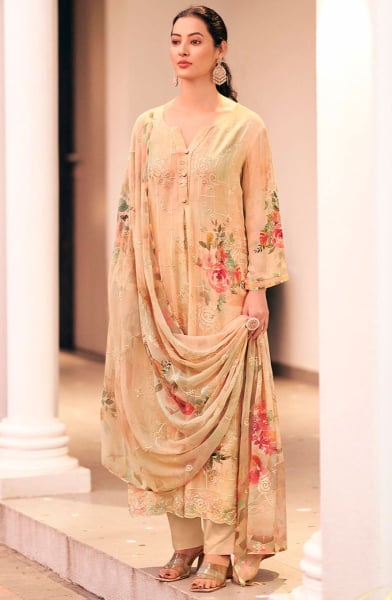 Beige Embroidered Georgette Pant Kameez