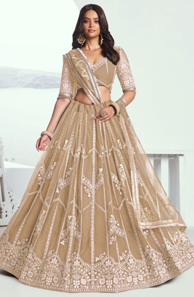 Beige Embroidered Net Lehenga Choli for Wedding