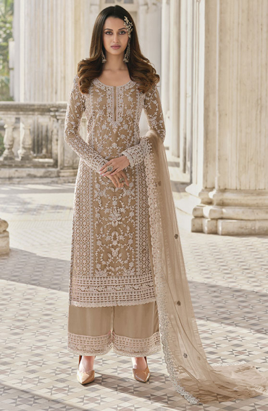Beige Embroidered Net Palazzo Kameez
