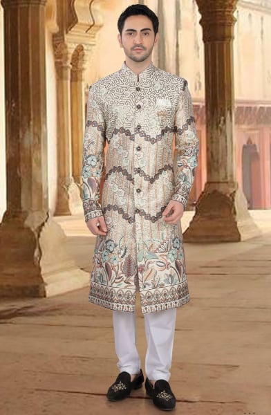 Beige Embroidered Silk Designer Sherwani
