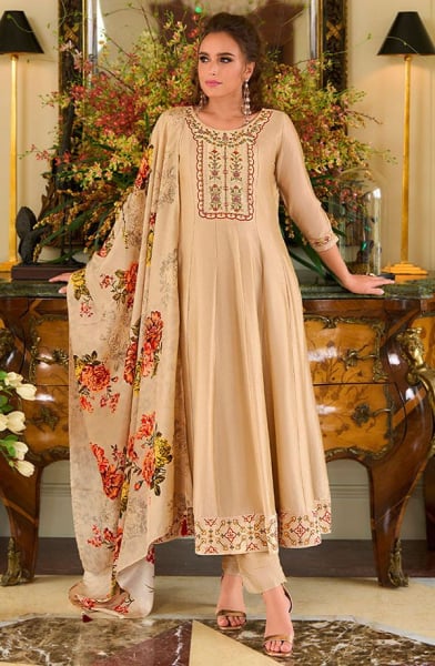 Beige Embroidered Silk Readymade Suit