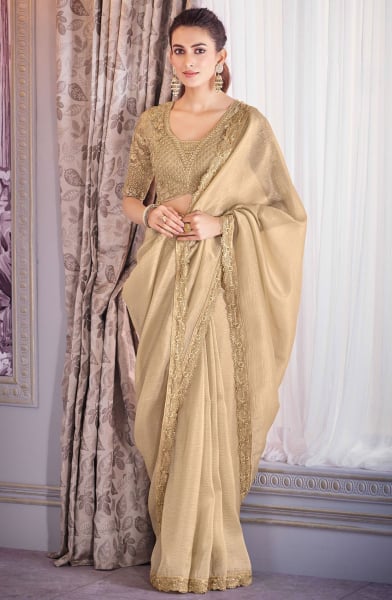 Beige Embroidered Tissue Crush Designer Saree