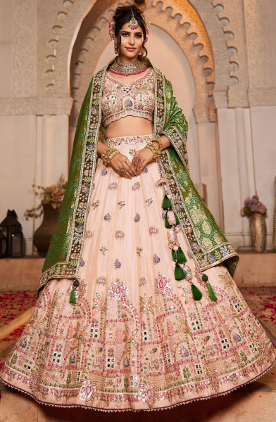 Beige Embroidered Tissue Designer Bridal Lehenga Set