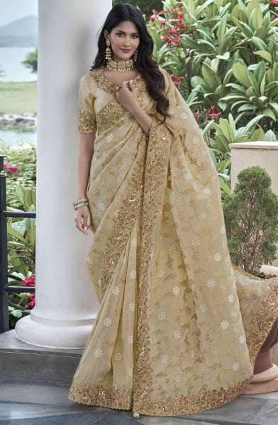 Beige Embroidered Viscose Silk Designer Saree