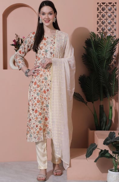 Beige Floral Print Cotton Pant Kameez Suit for Party