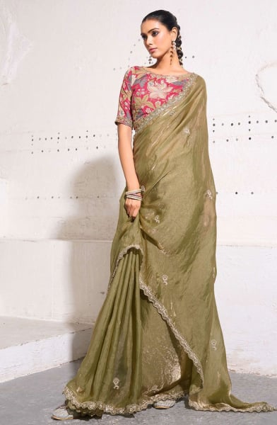 Beige Gold Crush Tissue Party Wear Saree