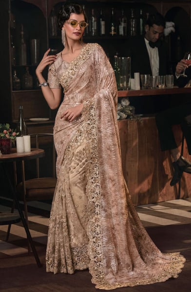 Beige Hand Embroidered Designer Saree