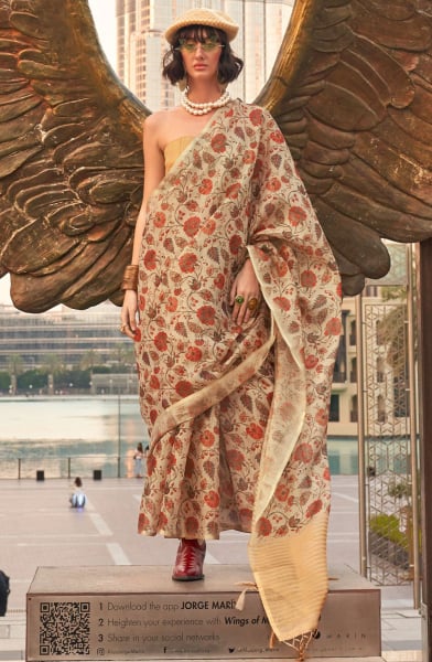Beige Hand Woven Zari Tissue Saree