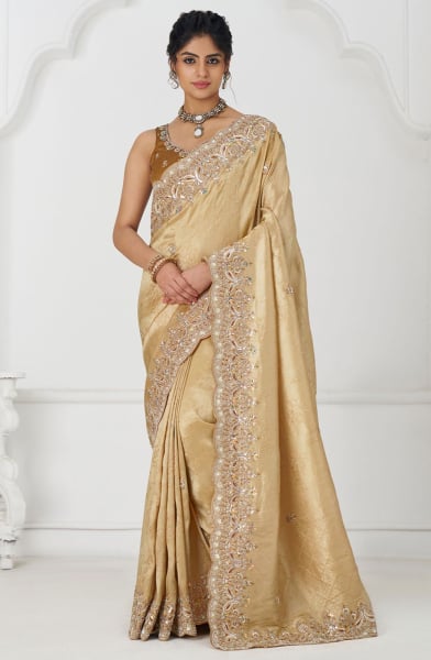Beige Handwork Pure Dola Silk Designer Saree