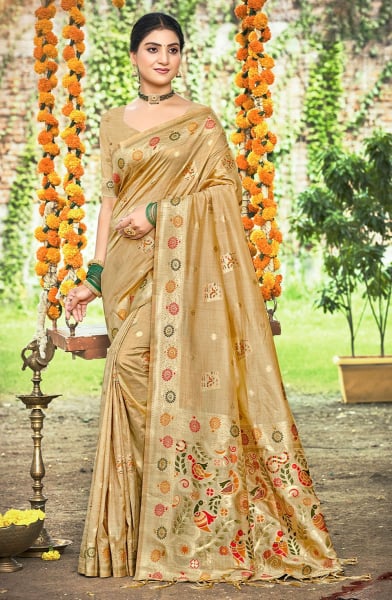 Beige Heavy Assam Silk Meena Work Saree for Festival
