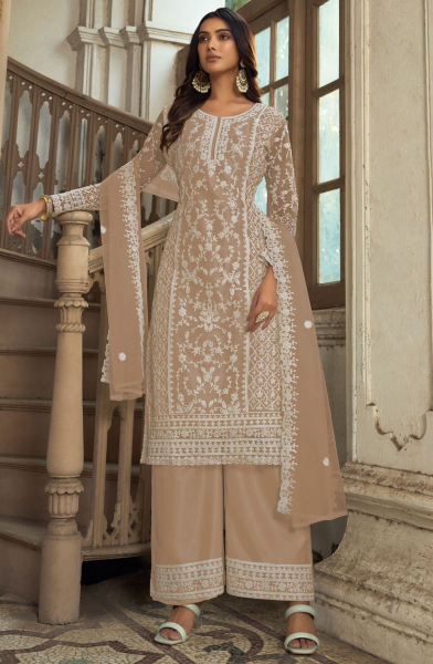 Beige Heavy Butterfly Net Palazzo Suit