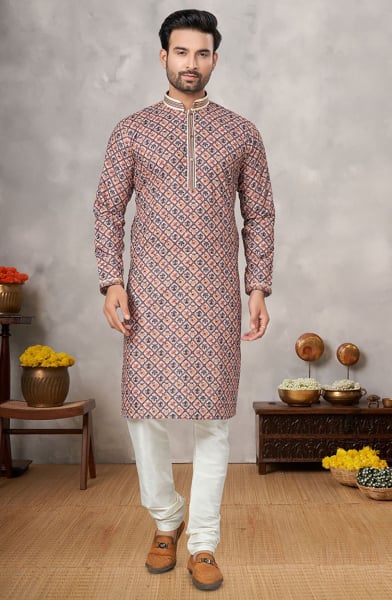 Beige Heavy Cotton Sequins work Kurta Set