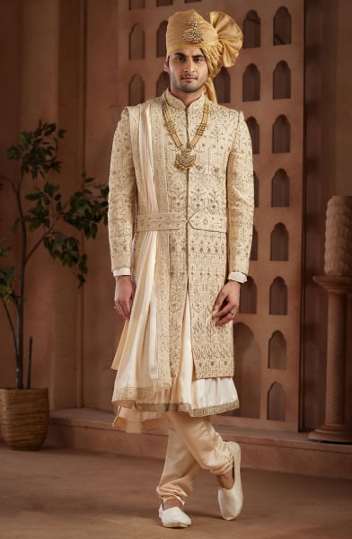 Beige Heavy Wedding Wear Sherwani