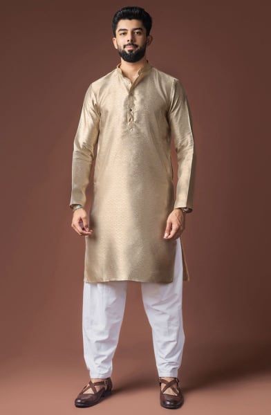 Beige Jacquard Men Kurta Set