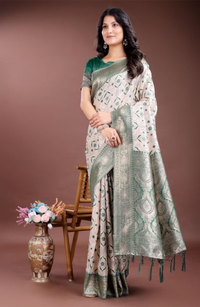 Beige Linen Cotton Woven Saree
