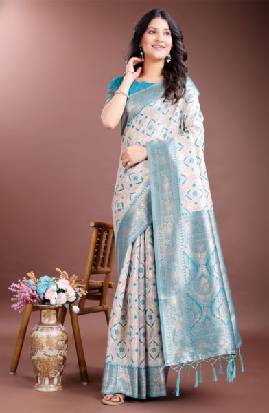 Beige Linen Cotton Woven Saree