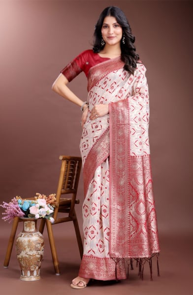 Beige Linen Cotton Woven Saree