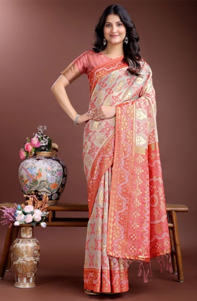 Beige Linen Cotton Woven Saree