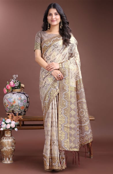 Beige Linen Cotton Woven Saree