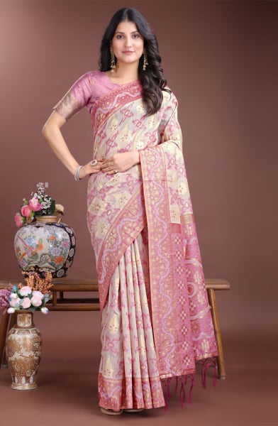 Beige Linen Cotton Woven Saree