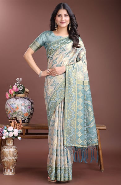Beige Linen Cotton Woven Saree
