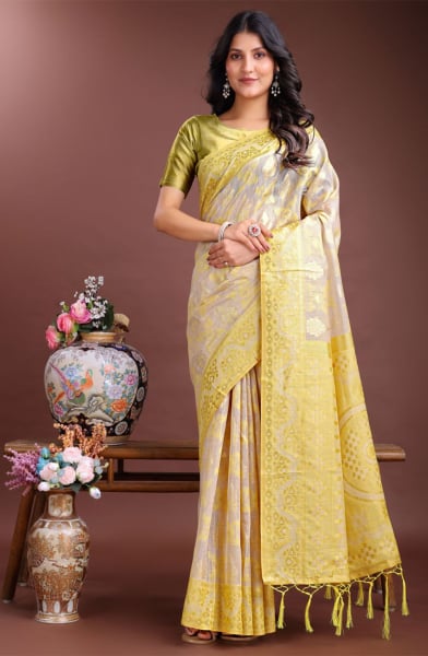 Beige Linen Cotton Woven Saree