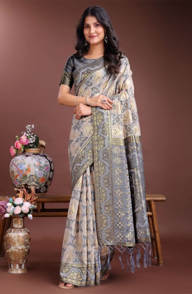 Beige Linen Cotton Woven Saree