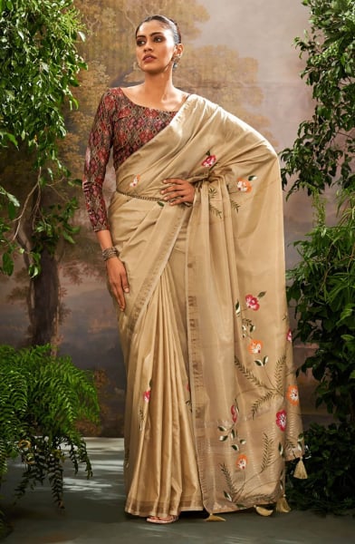 Beige Linen Tissue Kalamkari Printed Saree