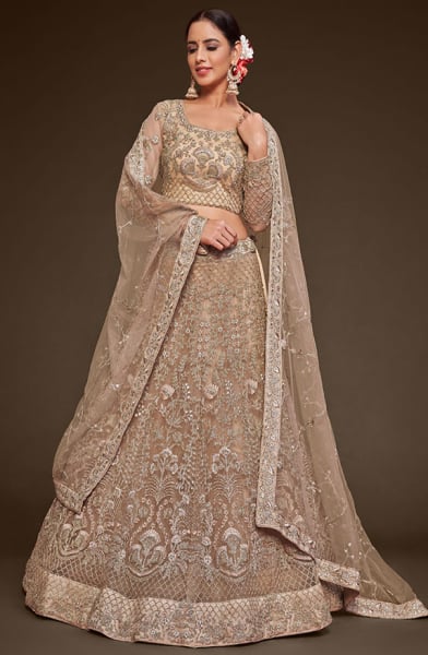 Beige Net Designer Lehenga Choli Set